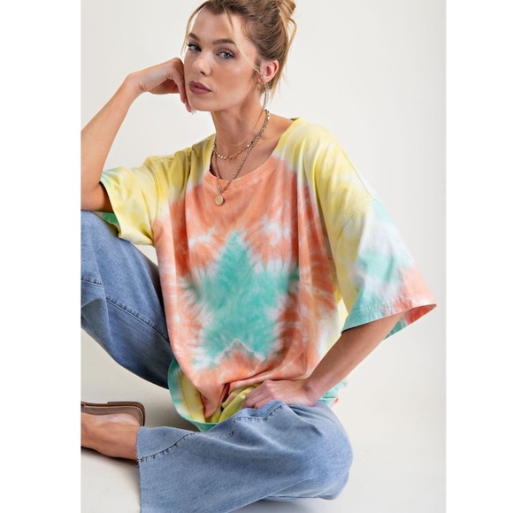 109. NWT Easel Tie-Dye Short Sleeve Tee - Coral, Mint Green, Yellow, White - Picture 5 of 6